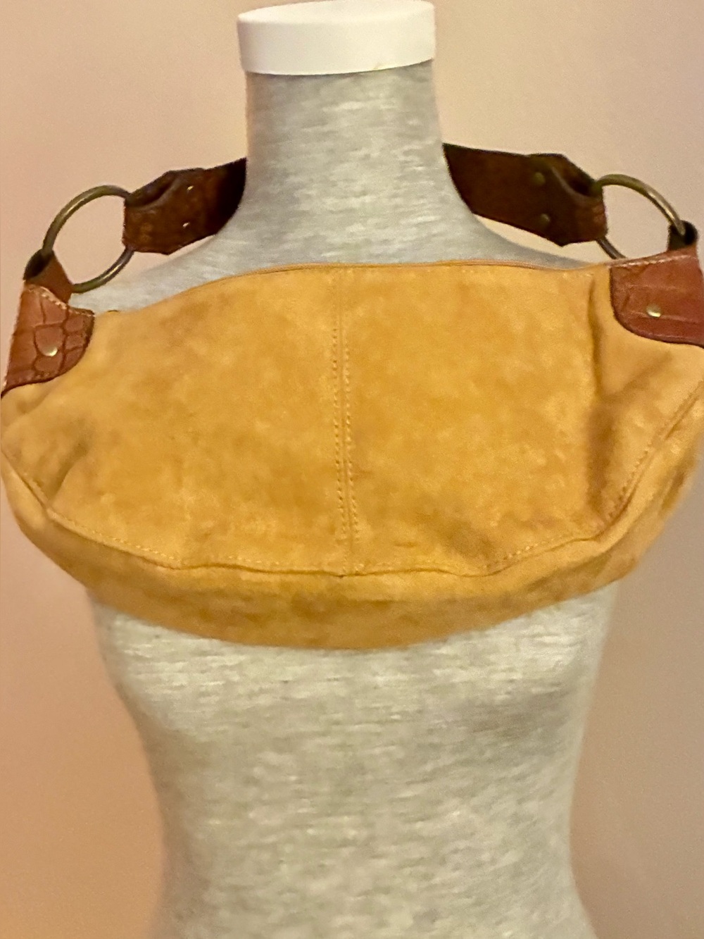 Small Suede Shoulder Bag in Tan with Brown Accents